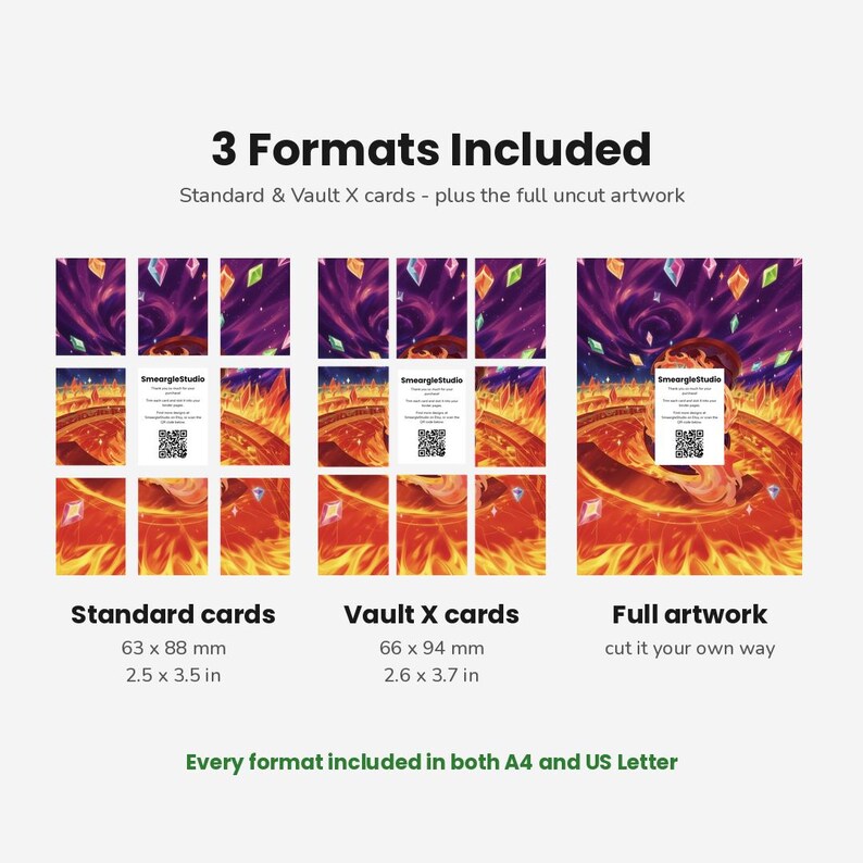 May include: A digital product display showing 3 Formats Included: Standard cards at 2.5 x 3.5 inches, Vault X cards at 2.6 x 3.7 inches, and full artwork. The graphic features a fiery landscape with floating crystals and SmeargleStudio text.
