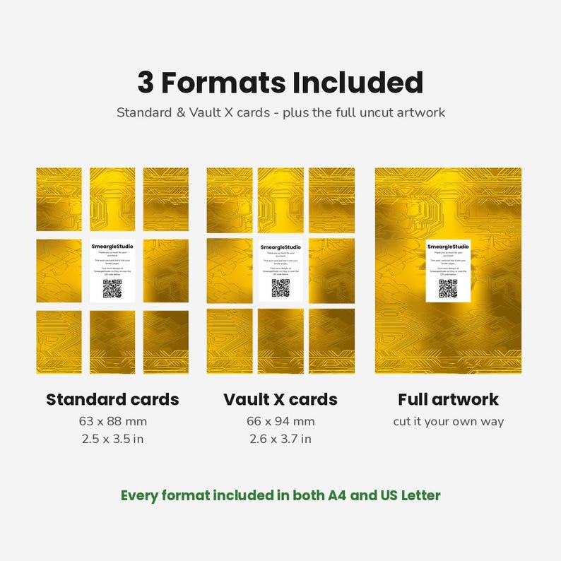 May include: A digital product display showing three gold-colored card formats: standard cards at 2.5 x 3.5 inches, Vault X cards at 2.6 x 3.7 inches, and full artwork. Each section includes a white card with the text SmeargleStudio and a QR code.