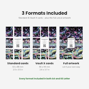 May include: Three sets of printed artwork featuring a dark background with colorful, abstract, glowing plant-like shapes. The image displays standard cards at 2.5 x 3.5 inches, Vault X cards at 2.6 x 3.7 inches, and a full uncut artwork sheet.