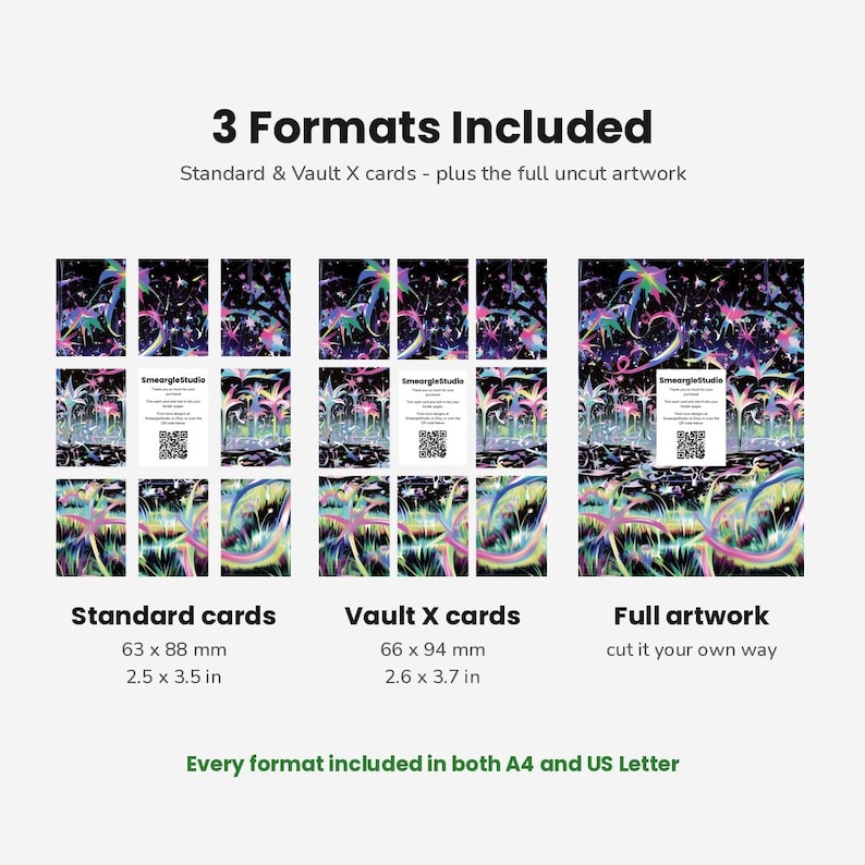 May include: Three sets of printed artwork featuring a dark background with colorful, abstract, glowing plant-like shapes. The image displays standard cards at 2.5 x 3.5 inches, Vault X cards at 2.6 x 3.7 inches, and a full uncut artwork sheet.