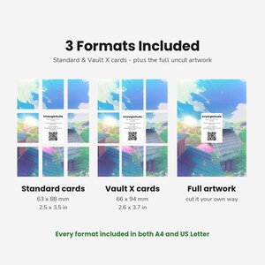 May include: A digital product display showing three formats of an anime-style landscape illustration. The image includes standard cards at 2.5 x 3.5 inches, Vault X cards at 2.6 x 3.7 inches, and full artwork. Text includes 3 Formats Included and SmeargleStudio.