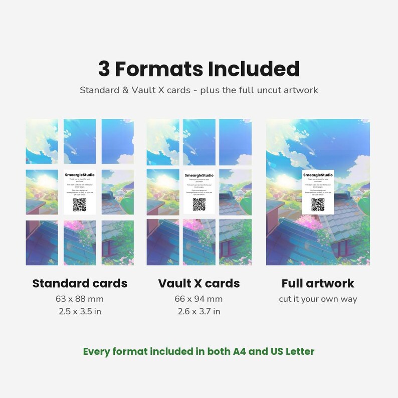 May include: A digital product display showing three formats of an anime-style landscape illustration. The image includes standard cards at 2.5 x 3.5 inches, Vault X cards at 2.6 x 3.7 inches, and full artwork. Text includes 3 Formats Included and SmeargleStudio.