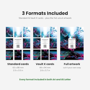 Puede incluir: Una visualizaci&oacute;n de producto digital que muestra 3 Formats Included: tarjetas est&aacute;ndar de 63 x 88 mm, tarjetas Vault X de 66 x 94 mm e ilustraciones completas sin cortar. El dise&ntilde;o presenta remolinos abstractos azules, rosas y negros con un c&oacute;digo QR.
