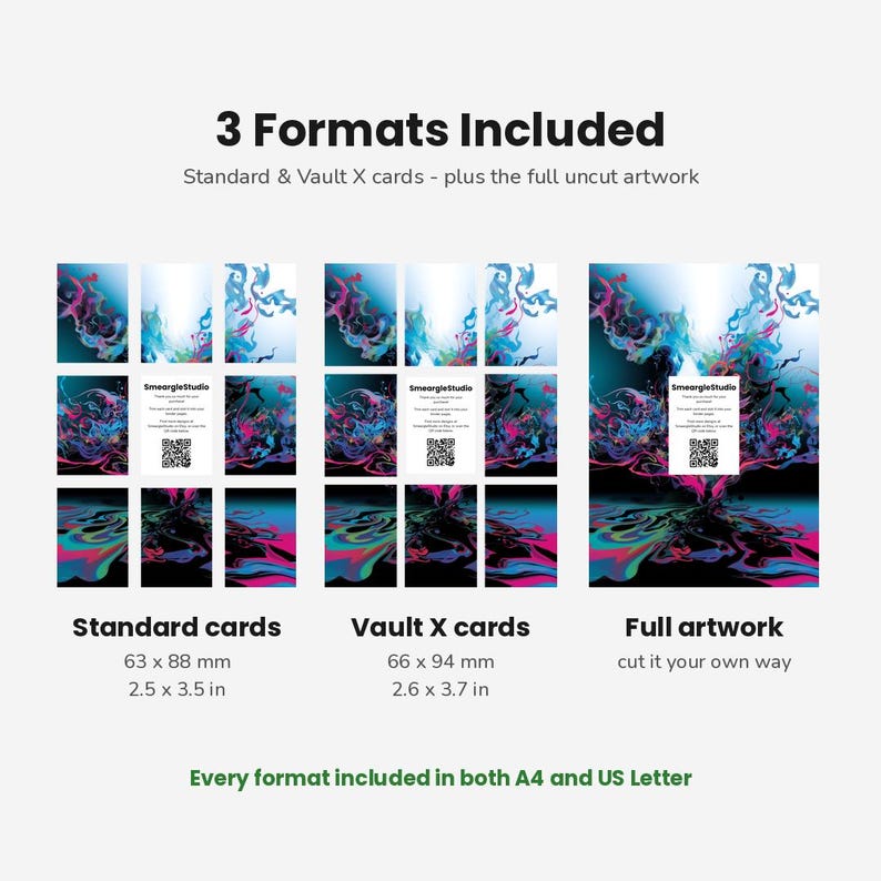 Puede incluir: Una visualizaci&oacute;n de producto digital que muestra 3 Formats Included: tarjetas est&aacute;ndar de 63 x 88 mm, tarjetas Vault X de 66 x 94 mm e ilustraciones completas sin cortar. El dise&ntilde;o presenta remolinos abstractos azules, rosas y negros con un c&oacute;digo QR.