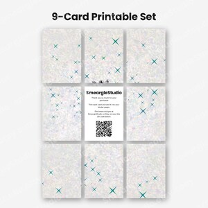 May include: A 9-card printable set featuring a holographic, iridescent background with scattered teal four-pointed stars. The center card displays the text SmeargleStudio, a thank you message, instructions, and a black and white QR code.