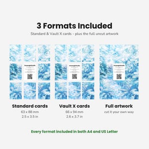May include: A digital product display showing 3 Formats Included: Standard cards at 2.5 x 3.5 inches, Vault X cards at 2.6 x 3.7 inches, and full uncut artwork. Each section features a blue forest illustration, a SmeargleStudio label, and a QR code.