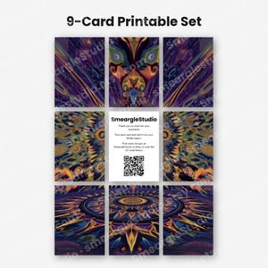 May include: A 9-card printable set featuring abstract, colorful digital art with swirling patterns in shades of purple, gold, and blue. The center card displays the text SmeargleStudio, instructions for trimming, and a QR code for scanning.