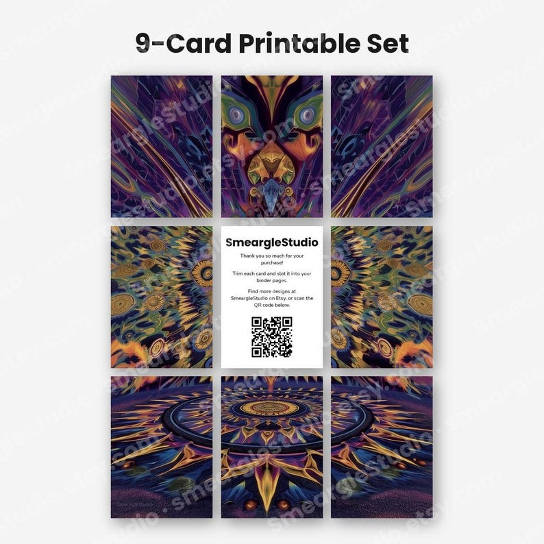 May include: A 9-card printable set featuring abstract, colorful digital art with swirling patterns in shades of purple, gold, and blue. The center card displays the text SmeargleStudio, instructions for trimming, and a QR code for scanning.