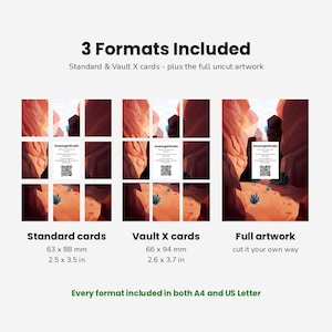 May include: A digital product display showing 3 Formats Included: Standard cards at 63 x 88 mm (2.5 x 3.5 in), Vault X cards at 66 x 94 mm (2.6 x 3.7 in), and Full artwork. Each section features a desert canyon illustration and a SmeargleStudio QR code.