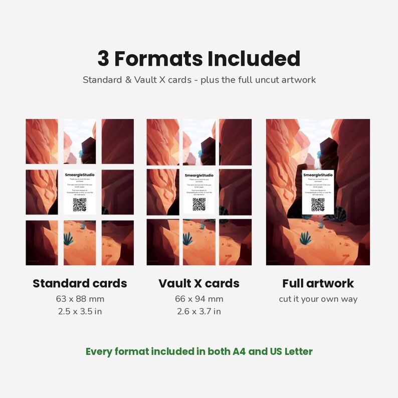 May include: A digital product display showing 3 Formats Included: Standard cards at 63 x 88 mm (2.5 x 3.5 in), Vault X cards at 66 x 94 mm (2.6 x 3.7 in), and Full artwork. Each section features a desert canyon illustration and a SmeargleStudio QR code.