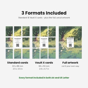 May include: A digital product display showing 3 Formats Included: Standard cards at 2.5 x 3.5 inches, Vault X cards at 2.6 x 3.7 inches, and full artwork. The image features a green forest scene with white flowers and a QR code card in the center.