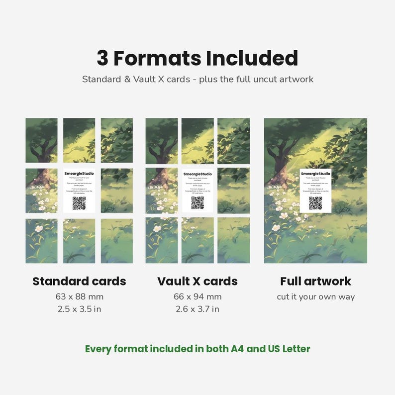 May include: A digital product display showing 3 Formats Included: Standard cards at 2.5 x 3.5 inches, Vault X cards at 2.6 x 3.7 inches, and full artwork. The image features a green forest scene with white flowers and a QR code card in the center.