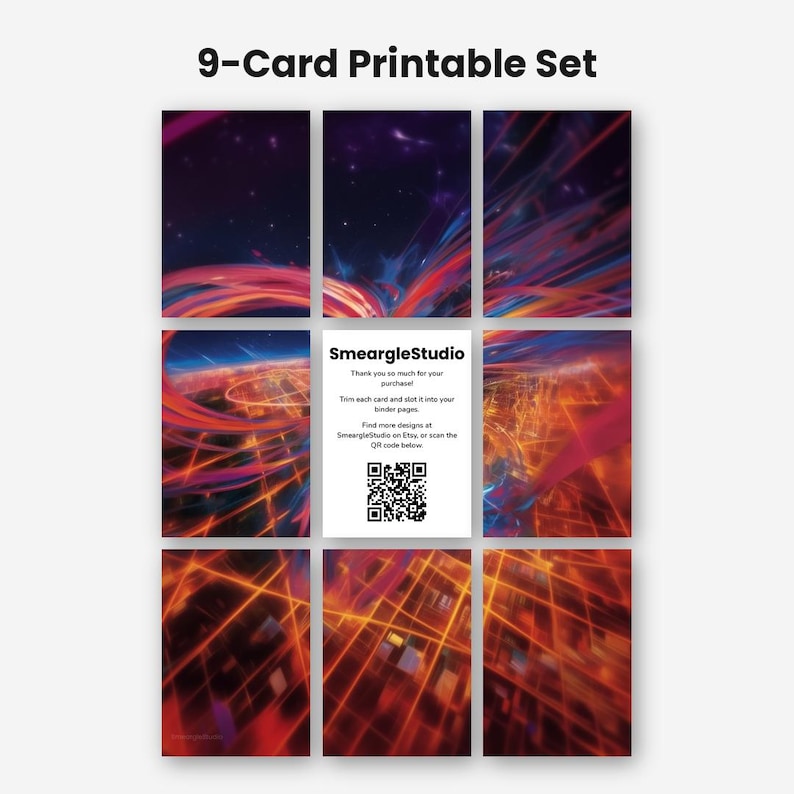May include: A 9-card printable set featuring abstract digital art with vibrant red, orange, and blue light streaks against dark backgrounds. The centre card is white with black text reading SmeargleStudio, instructions, and a QR code.