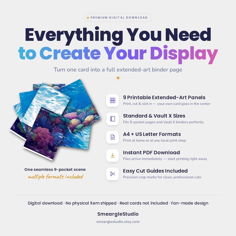 May include: A digital download product featuring nine printable extended-art panels for a binder page. The design displays an underwater coral reef scene in shades of blue, purple, and pink. Text includes Everything You Need to Create Your Display.