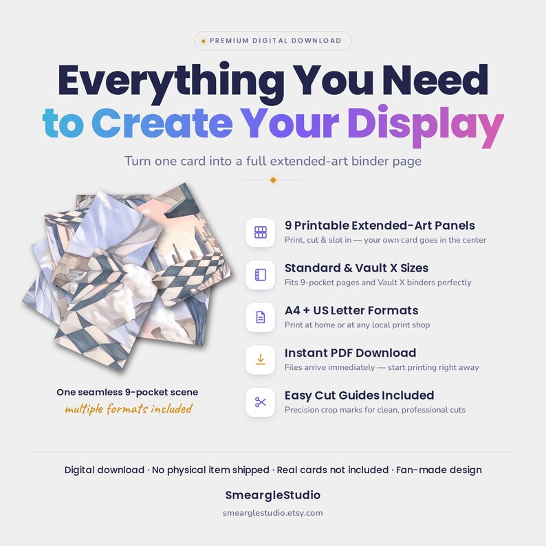 Puede incluir: Un producto de descarga digital con 9 paneles de arte extendido imprimibles para p&aacute;ginas de carpetas de tarjetas. El dise&ntilde;o incluye una escena continua de 9 bolsillos, formatos A4 y carta de EE. UU., y gu&iacute;as de corte. Texto: Everything You Need to Create Your Display.