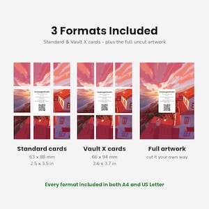 May include: A digital display showing 3 Formats Included: Standard cards at 2.5 x 3.5 inches, Vault X cards at 2.6 x 3.7 inches, and full artwork. Each section features a sunset cityscape illustration with a SmeargleStudio card and QR code.