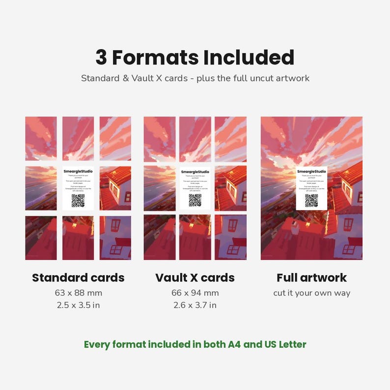 May include: A digital display showing 3 Formats Included: Standard cards at 2.5 x 3.5 inches, Vault X cards at 2.6 x 3.7 inches, and full artwork. Each section features a sunset cityscape illustration with a SmeargleStudio card and QR code.