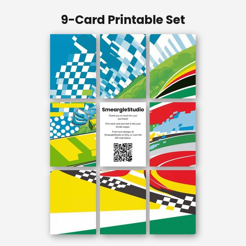 May include: A 9-card printable set featuring vibrant abstract designs with checkered patterns, bold stripes, and geometric shapes in blue, green, yellow, red, and black. The center card includes the text SmeargleStudio and a QR code.