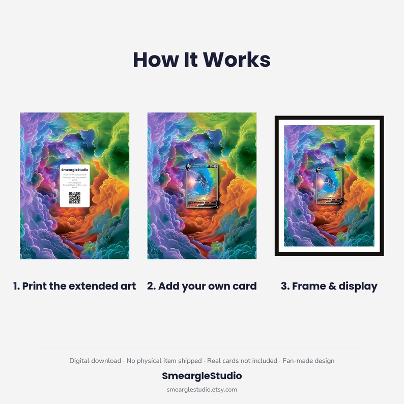 May include: A three-step instructional graphic titled How It Works. It shows a colorful cloud background with a QR code, a trading card, and a framed version. Text includes: 1. Print the extended art, 2. Add your own card, 3. Frame & display.