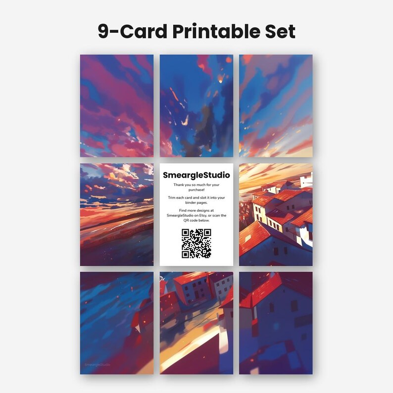 May include: A 9-card printable set featuring digital illustrations of sunset skies and urban rooftops in shades of blue, purple, orange, and red. The center card displays the text SmeargleStudio, instructions for use, and a QR code for further designs.