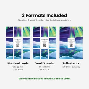 May include: A digital product display showing 3 Formats Included: Standard cards at 2.5 x 3.5 inches, Vault X cards at 2.6 x 3.7 inches, and full artwork. Each section features an aurora borealis landscape with a SmeargleStudio QR code card.