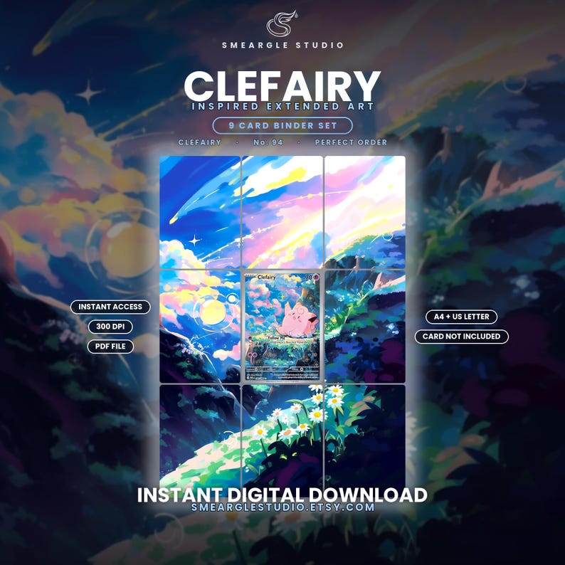 May include: A digital 9-card binder set featuring Clefairy inspired extended art. The artwork displays a pink creature in a vibrant landscape with a starry sky, clouds, and white flowers. Text includes Smeargle Studio, Clefairy, No. 94, and Perfect Order.