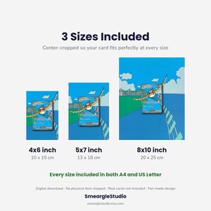 May include: Three digital print sizes are displayed, labeled 4x6 inch (10x15 cm), 5x7 inch (13x18 cm), and 8x10 inch (20x25 cm). Each shows a Pidgeot trading card graphic against a blue sky and city background. Text includes 3 Sizes Included.
