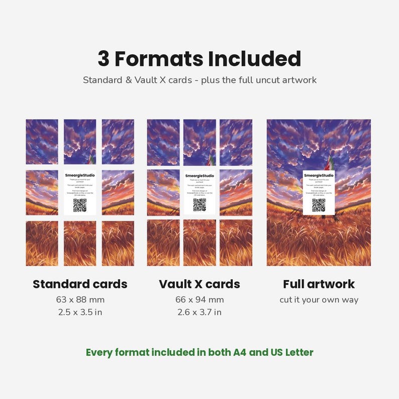 May include: A digital product display showing 3 Formats Included: Standard cards at 63 x 88 mm (2.5 x 3.5 in), Vault X cards at 66 x 94 mm (2.6 x 3.7 in), and full artwork. The image features a sunset landscape with golden grass and purple clouds.