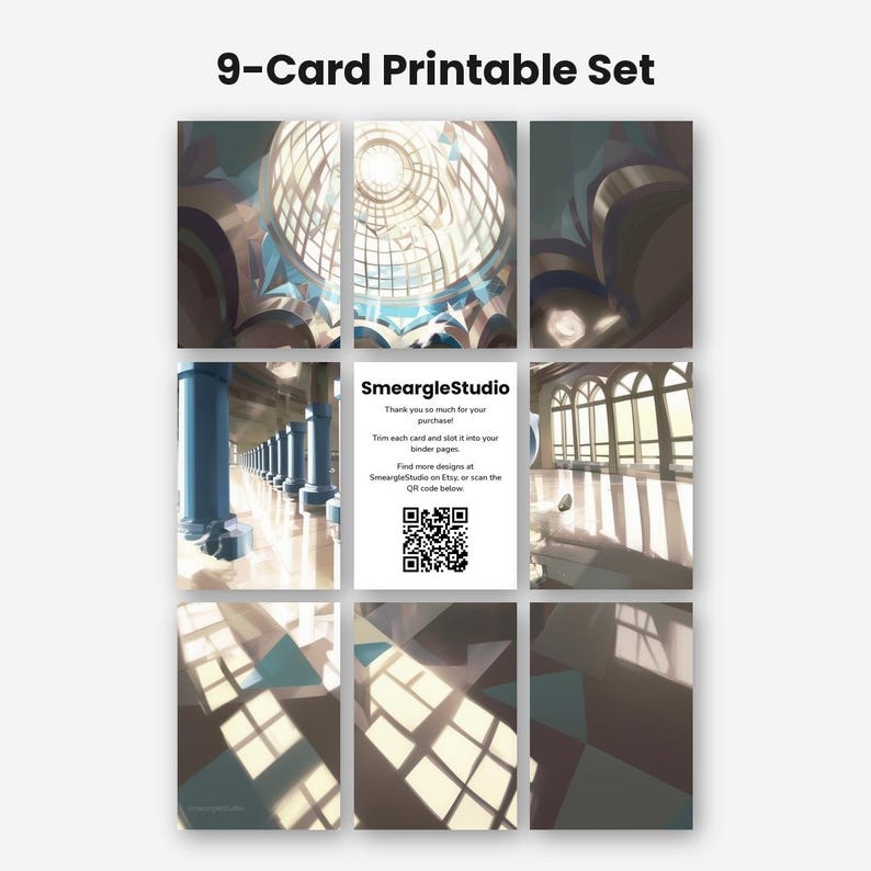 May include: A 9-card printable set featuring an architectural interior with a domed ceiling, columns, and arched windows. The center card displays the text SmeargleStudio, instructions for trimming, and a QR code for further design exploration.