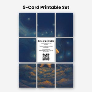 May include: A 9-card printable set featuring a dark blue starry night sky illustration with swirling golden clouds. The center card displays the text SmeargleStudio, thank you notes, and a QR code for further designs on an Etsy shop page.