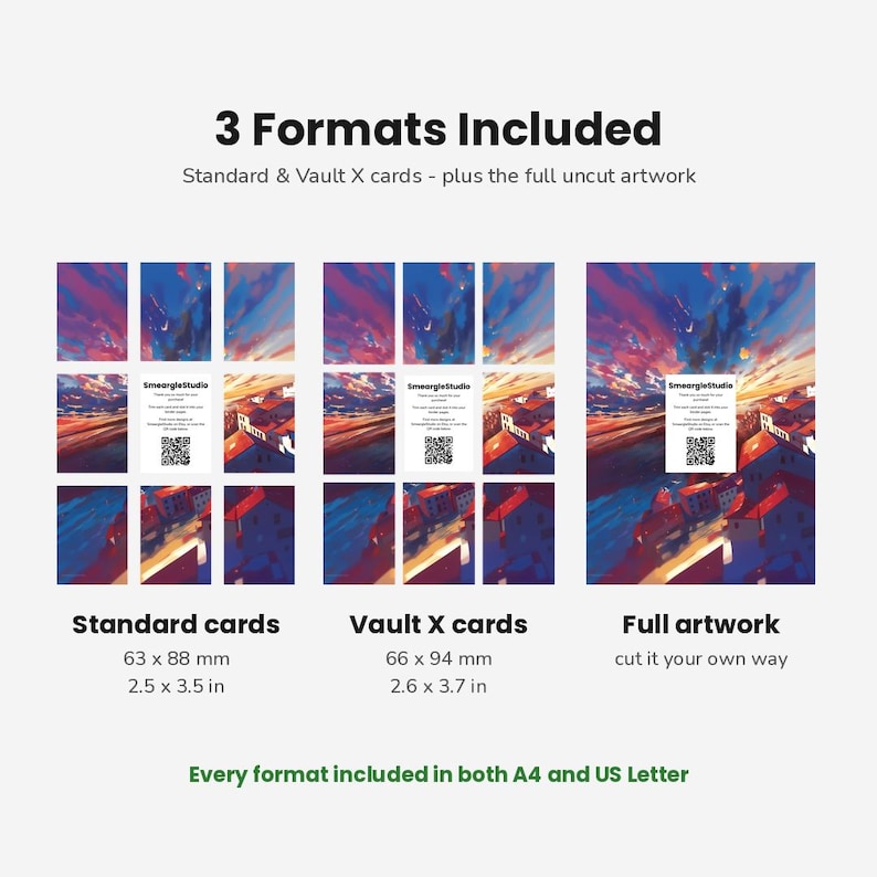 May include: A digital product display showing three formats of artwork: standard cards at 2.5 x 3.5 inches, Vault X cards at 2.6 x 3.7 inches, and full artwork. The text reads 3 Formats Included, Standard & Vault X cards - plus the full uncut artwork, SmeargleStudio, and Every format included in both A4 and US Letter.