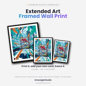 May include: Three black-framed wall prints featuring a central trading card illustration with a dynamic blue and orange burst background. Text includes "Extended Art Framed Wall Print", "Print it, add your own card, frame it", "3 SIZES - A4 + US LETTER", and "SmeargleStudio".
