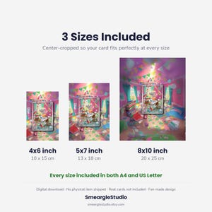 May include: A digital download product display showing three vertical rectangular art prints in 4x6 inch, 5x7 inch, and 8x10 inch sizes. Each print features a colorful illustration of a room with a central trading card graphic. Text includes 3 Sizes Included, 4x6 inch, 5x7 inch, 8x10 inch, Every size included in both A4 and US Letter, and SmeargleStudio.