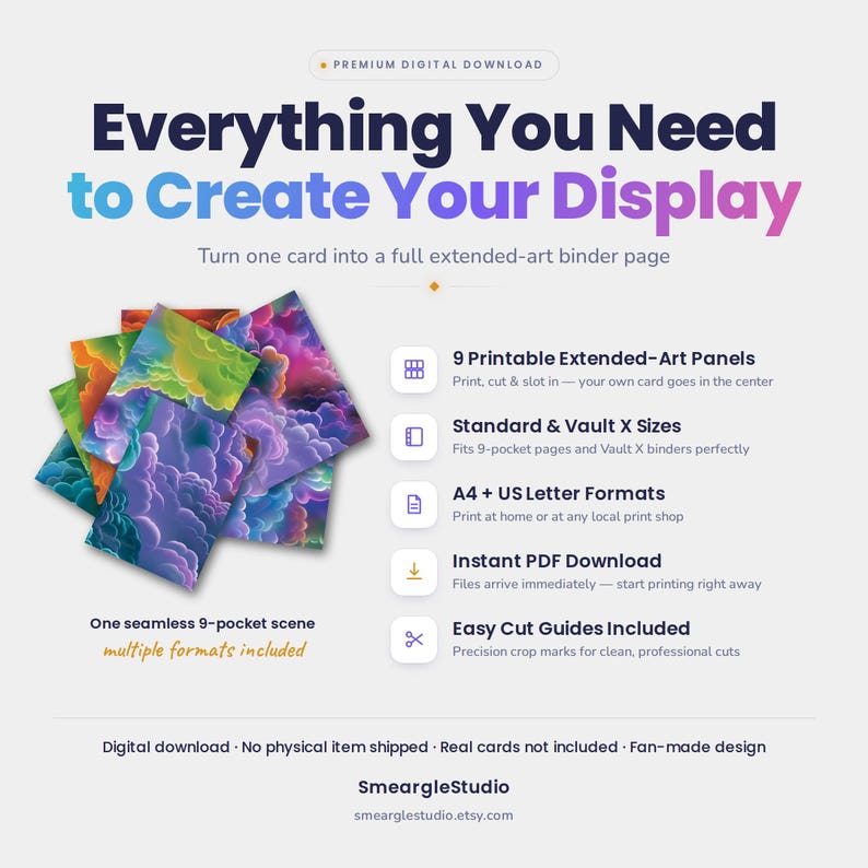 May include: A digital download product featuring 9 printable extended-art panels for trading card binders. The design displays a seamless, colorful cloud scene in shades of purple, blue, green, and orange. Includes A4 and US Letter formats.