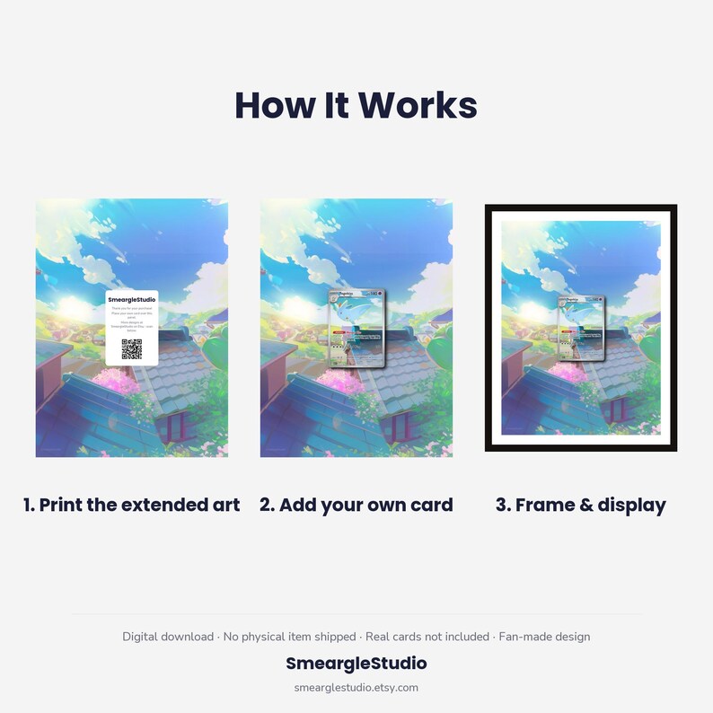 May include: An instructional graphic titled How It Works showing three steps: 1. Print the extended art with a QR code, 2. Add your own card to the center of the landscape illustration, and 3. Frame and display the finished piece. The text SmeargleStudio appears at the bottom.