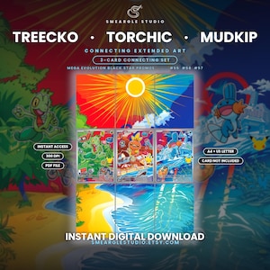 Op de afbeelding: Een digitale set van 3 verbindende kaarten met Treecko, Torchic en Mudkip. Het kunstwerk toont een levendige zon, een strand en diverse items. Tekst bevat Smeargle Studio, Connecting Extended Art, Mega Evolution Black Star Promos, #55 #56 #57, Instant Access, 300 DPI, PDF File, A4 + US Letter, Card Not Included en Instant Digital Download.