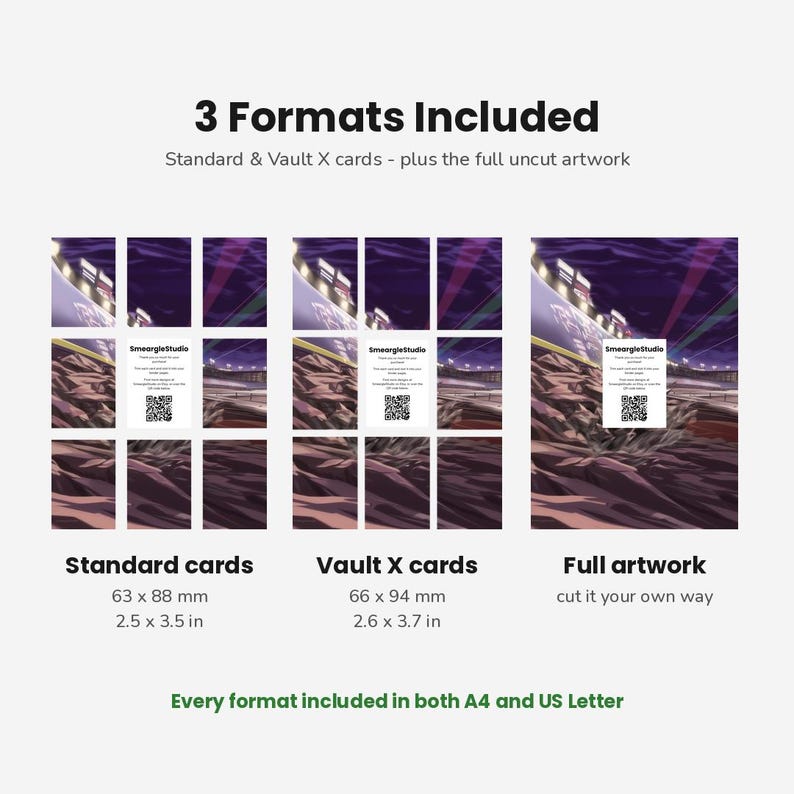 May include: A digital display showing 3 Formats Included: Standard cards at 63 x 88 mm (2.5 x 3.5 in), Vault X cards at 66 x 94 mm (2.6 x 3.7 in), and Full artwork. Each format features a purple stadium illustration and a SmeargleStudio QR code.