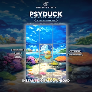 May include: A 9-card binder set featuring Psyduck inspired extended art. The digital download includes a PDF file with 300 DPI, formatted for A4 and US Letter sizes. The artwork displays a yellow creature in a tropical ocean scene with coral.