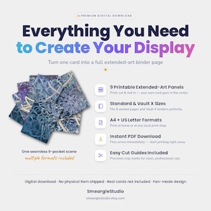 Pode incluir: Um produto de download digital com 9 pain&eacute;is de arte estendida imprim&iacute;veis para pastas. O design exibe uma cena floral azul e roxa sem emendas. O texto inclui Everything You Need to Create Your Display, 9 Printable Extended-Art Panels, Standard & Vault X Sizes, A4 + US Letter Formats, Instant PDF Download e Easy Cut Guides Included.