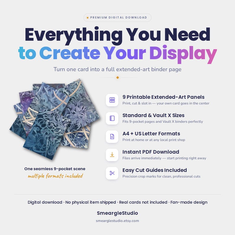 Pode incluir: Um produto de download digital com 9 pain&eacute;is de arte estendida imprim&iacute;veis para pastas. O design exibe uma cena floral azul e roxa sem emendas. O texto inclui Everything You Need to Create Your Display, 9 Printable Extended-Art Panels, Standard & Vault X Sizes, A4 + US Letter Formats, Instant PDF Download e Easy Cut Guides Included.