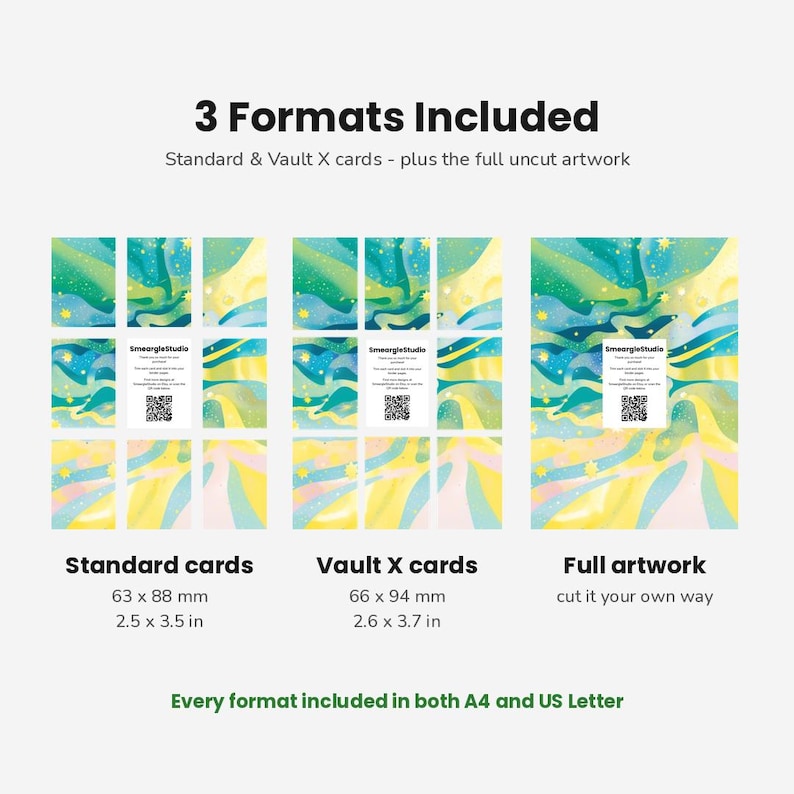 Puede incluir: Una pantalla de producto digital que muestra 3 Formats Included: tarjetas est&aacute;ndar de 63 x 88 mm, tarjetas Vault X de 66 x 94 mm y arte completo. El dise&ntilde;o presenta un patr&oacute;n abstracto en verde azulado, amarillo y rosa claro con estrellas.