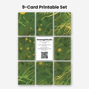May include: A 9-card printable set featuring a green background with yellow dandelion illustrations. The center card displays the text SmeargleStudio, instructions for trimming, and a QR code. The cards are arranged in a three-by-three grid.