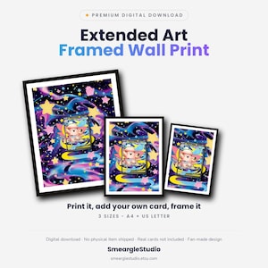 May include: Three black-framed wall prints featuring a cosmic background with yellow and pink stars and a central character illustration. Text includes Premium Digital Download, Extended Art Framed Wall Print, Print it, add your own card, frame it, 3 SIZES - A4 + US LETTER, Digital download, No physical item shipped, Real cards not included, Fan-made design, SmeargleStudio, smearglestudio.etsy.com.