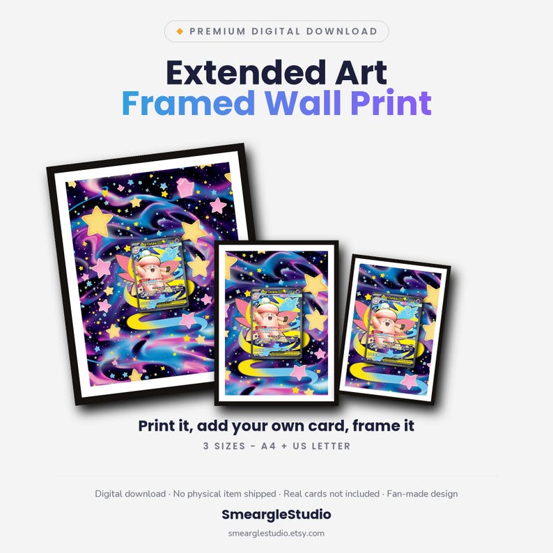 May include: Three black-framed wall prints featuring a cosmic background with yellow and pink stars and a central character illustration. Text includes Premium Digital Download, Extended Art Framed Wall Print, Print it, add your own card, frame it, 3 SIZES - A4 + US LETTER, Digital download, No physical item shipped, Real cards not included, Fan-made design, SmeargleStudio, smearglestudio.etsy.com.