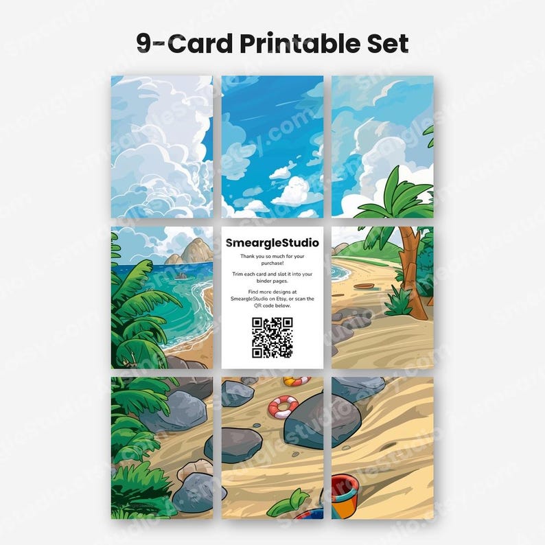 May include: A 9-card printable set featuring tropical beach scenes with blue skies, white clouds, palm trees, sandy shores, rocks, and beach toys. The center card displays the text SmeargleStudio, a thank you note, and a QR code for scanning.