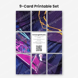 May include: A 9-card printable set featuring dark, stylized illustrations with neon purple, blue, and yellow geometric lines. The center card is white with black text reading SmeargleStudio, instructions for trimming, and a QR code for scanning.