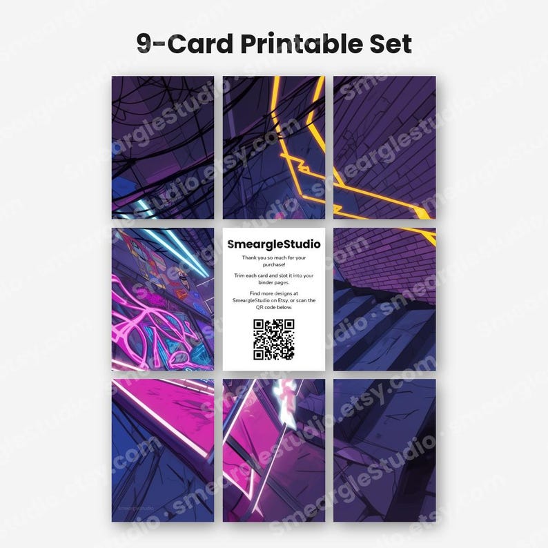 May include: A 9-card printable set featuring dark, stylized illustrations with neon purple, blue, and yellow geometric lines. The center card is white with black text reading SmeargleStudio, instructions for trimming, and a QR code for scanning.