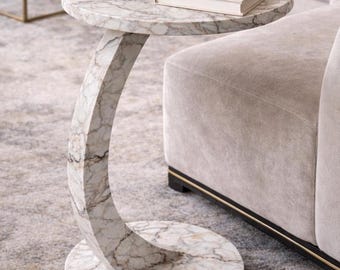 C Shaped Side Table for Couch, Marble Effect Sofa Table Small Space Modern
