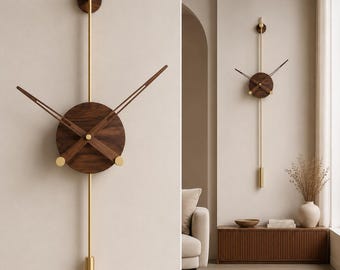 Große moderne Wanduhr 31 Zoll Nussbaum Messing Minimalist Silent Statement Wanddekor