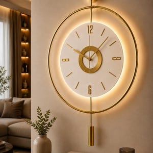 May include: A contemporary wall clock with a gold-coloured frame and a white face. The clock has gold hands and a pendulum. It is illuminated with a soft, warm light, creating a stylish and elegant home decor accent.